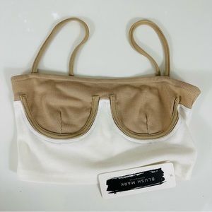 Blush Mark Contrast Underwire Ribbed Tank Top - White & Tan